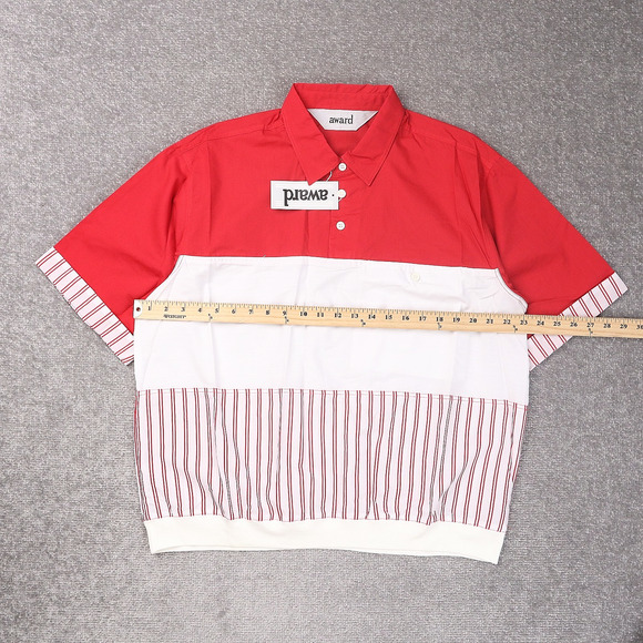 VTG 80s 90s Award Deadstock Large Red White Striped Short Sleeve Collared Shirt - Picture 4 of 9
